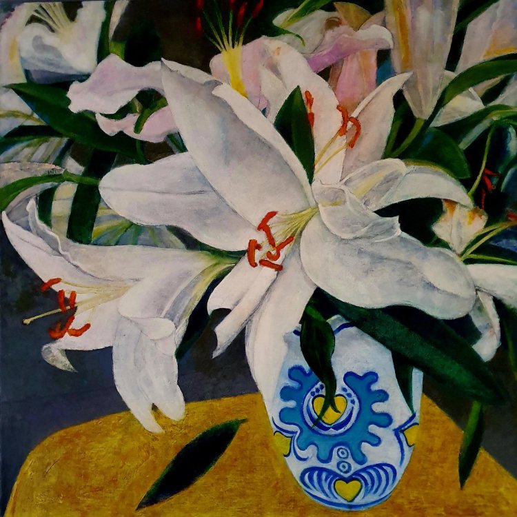 Lilies for Maryke. Oil and cold wax on MDF. 600 x 600 mm Private collection.